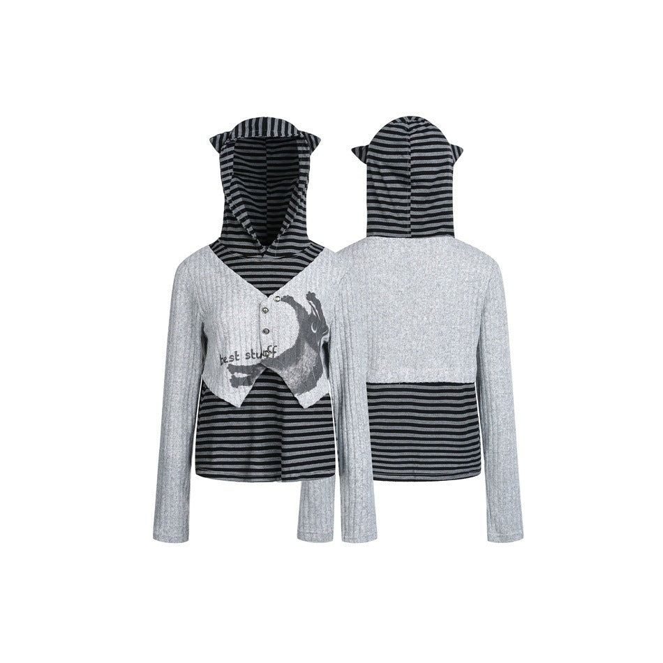 Front and back product views of a black-and-gray striped hooded top with a cropped light-gray cardigan overlay.
