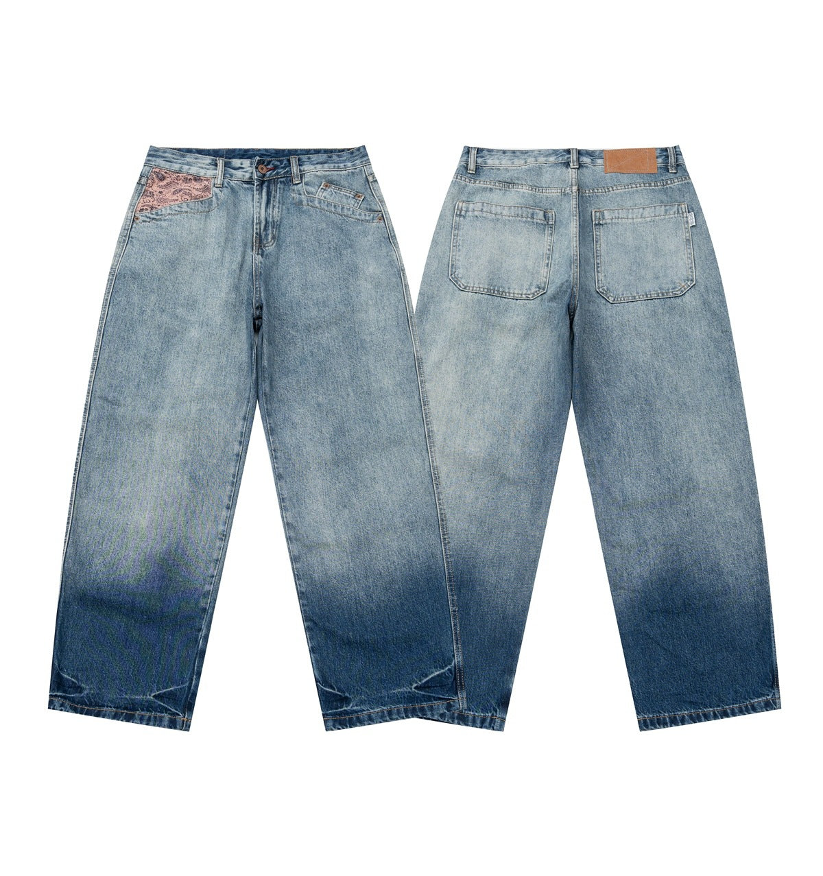 Light blue wide-leg jeans shown from the front and back, with a pink paisley pocket lining and rear patch.