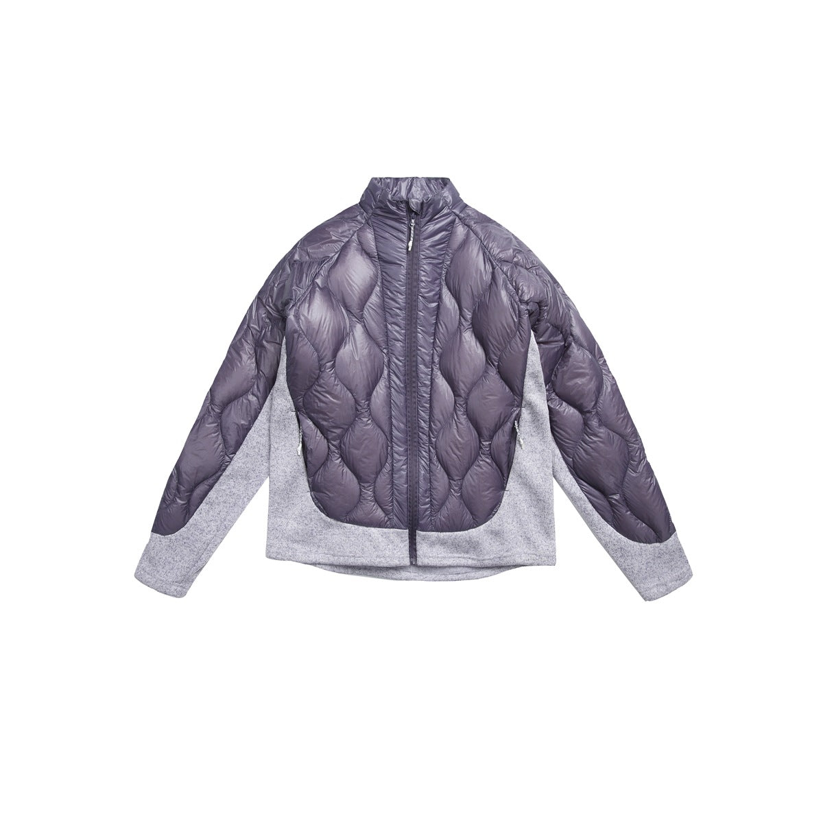 Purple quilted stand-collar zip jacket with light heathered gray knit side panels and cuffs, front view