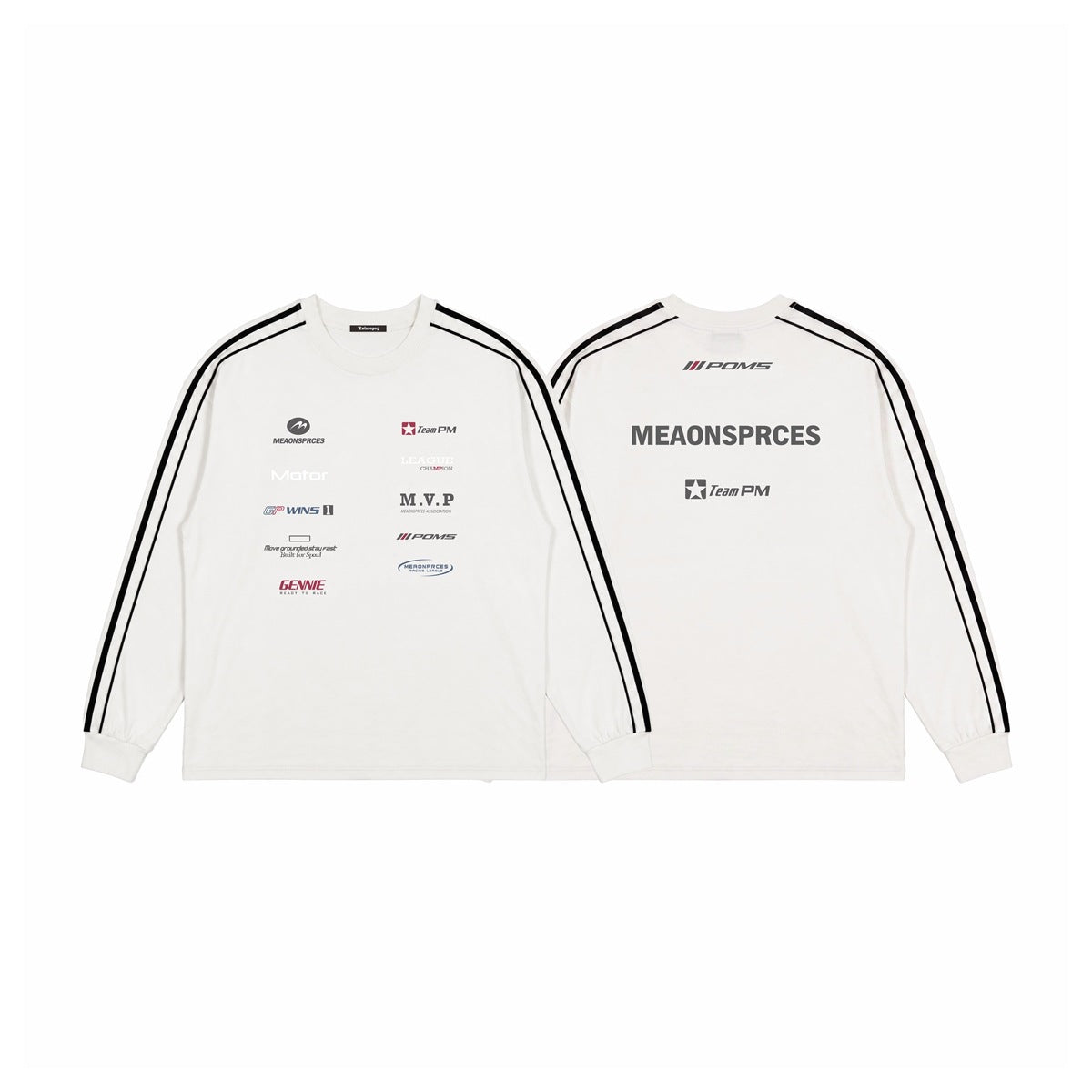 Flat lay showing front and back of a white long-sleeve shirt with black sleeve stripes and printed logos.