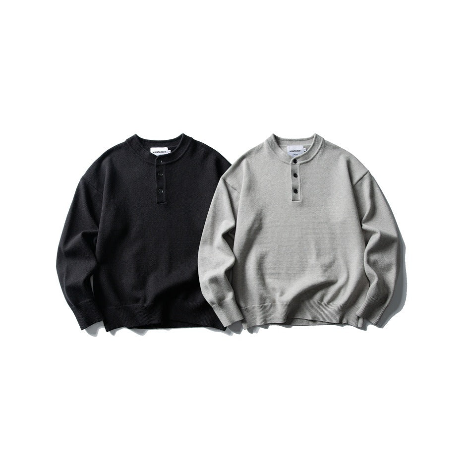 Two long-sleeve knit sweaters with band collars and button plackets, in black and light gray.
