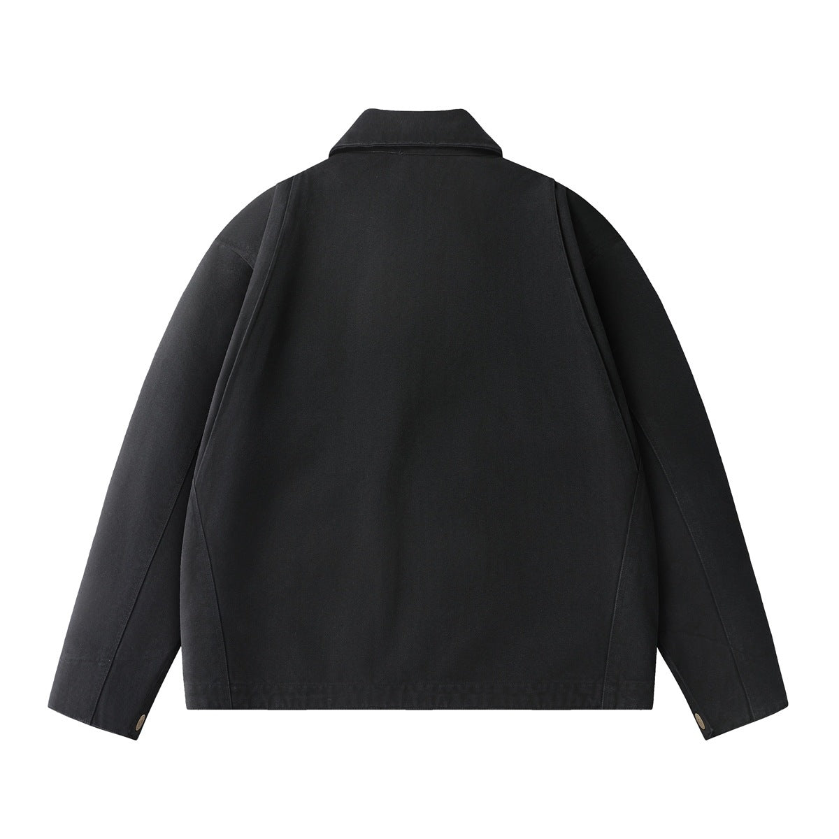 Back view of a black jacket with a pointed collar, long sleeves, and a plain panel.