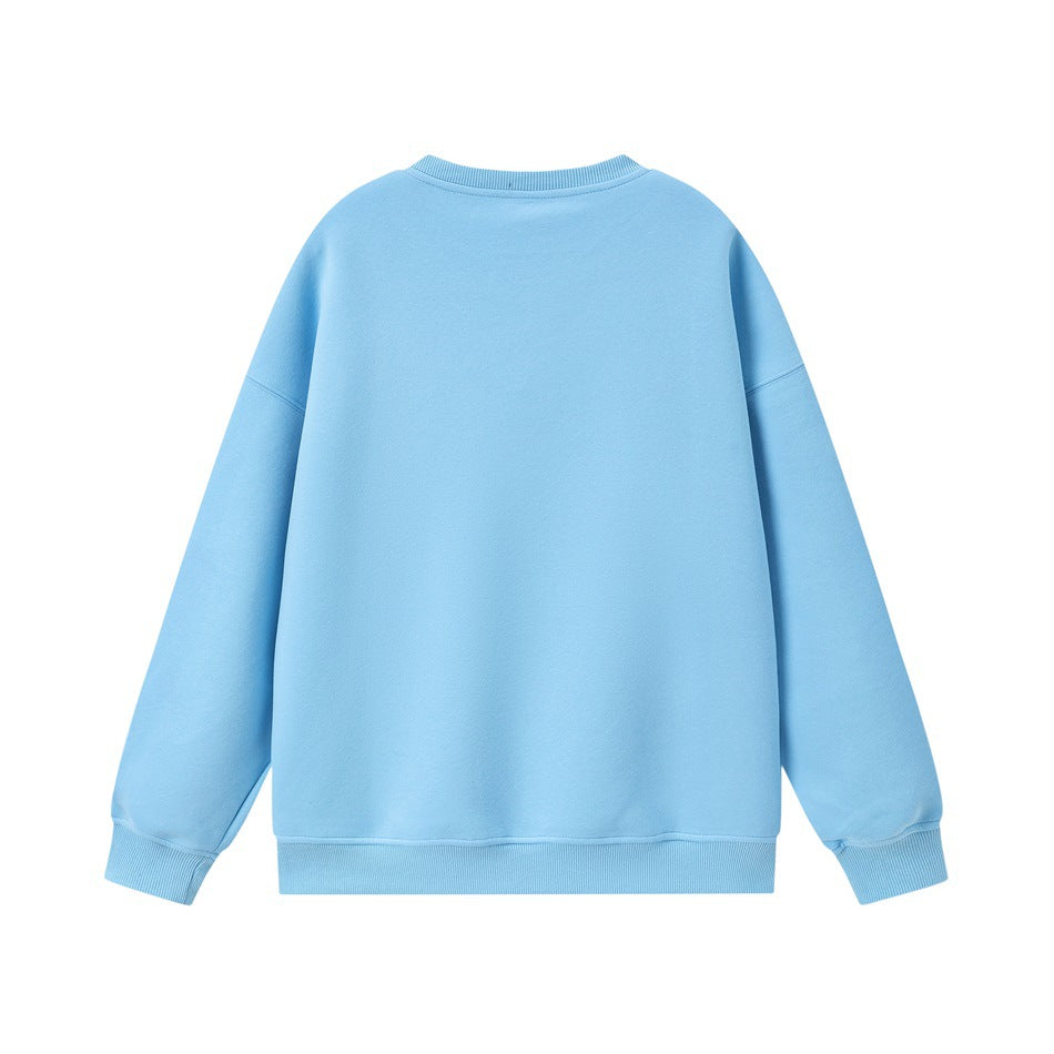 Back view of a plain light blue crewneck sweatshirt with long sleeves and ribbed cuffs and hem.