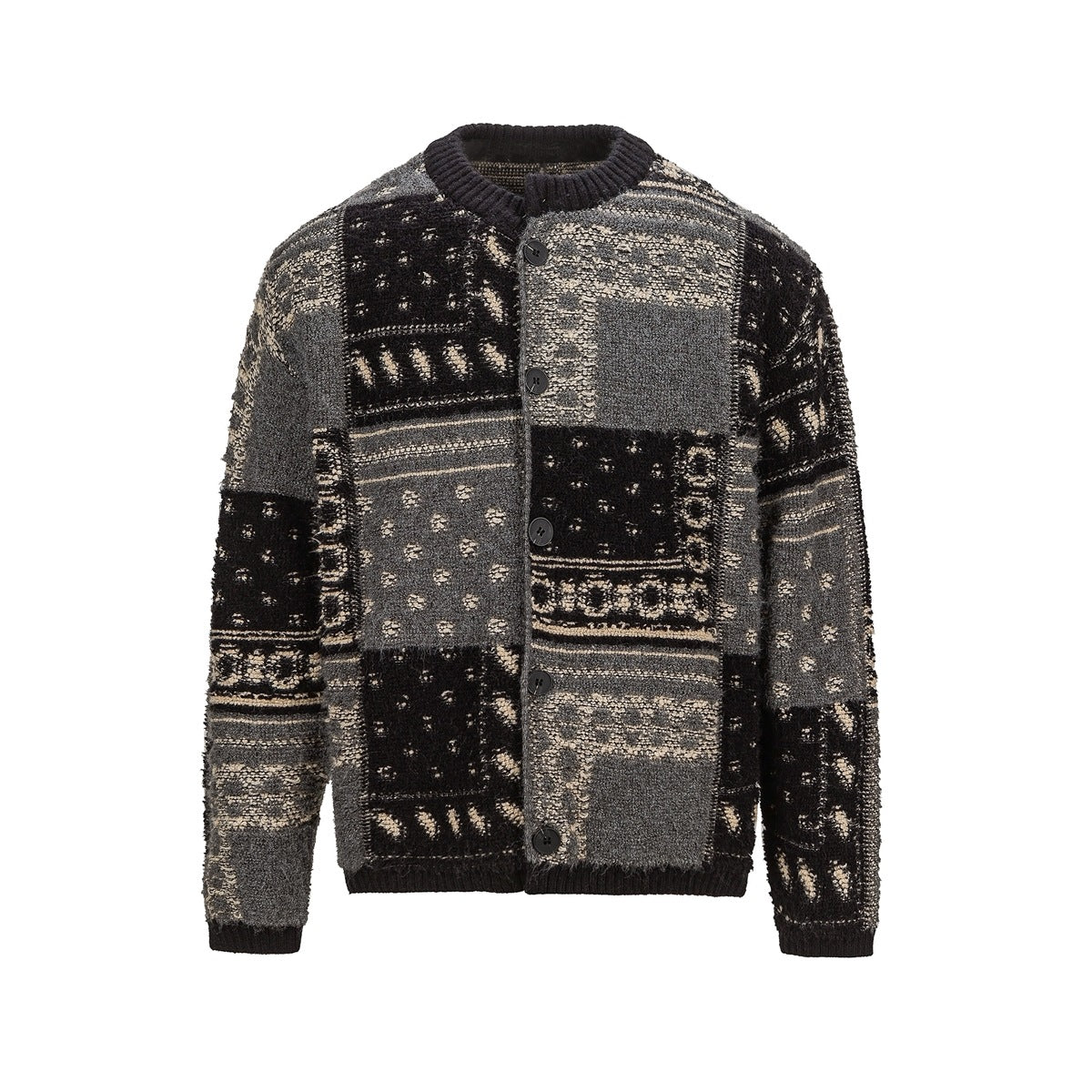 Front of black, gray and beige patchwork jacquard knit cardigan with ribbed round neck and button front
