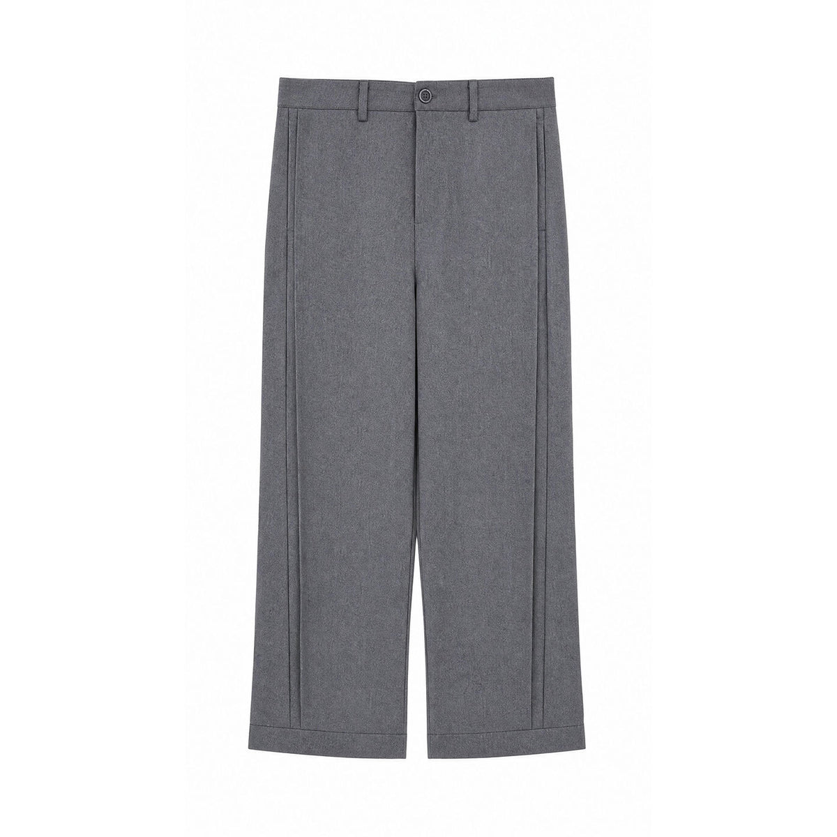 Dark gray wide-leg trousers flat lay, front view with button waistband and vertical pleat lines