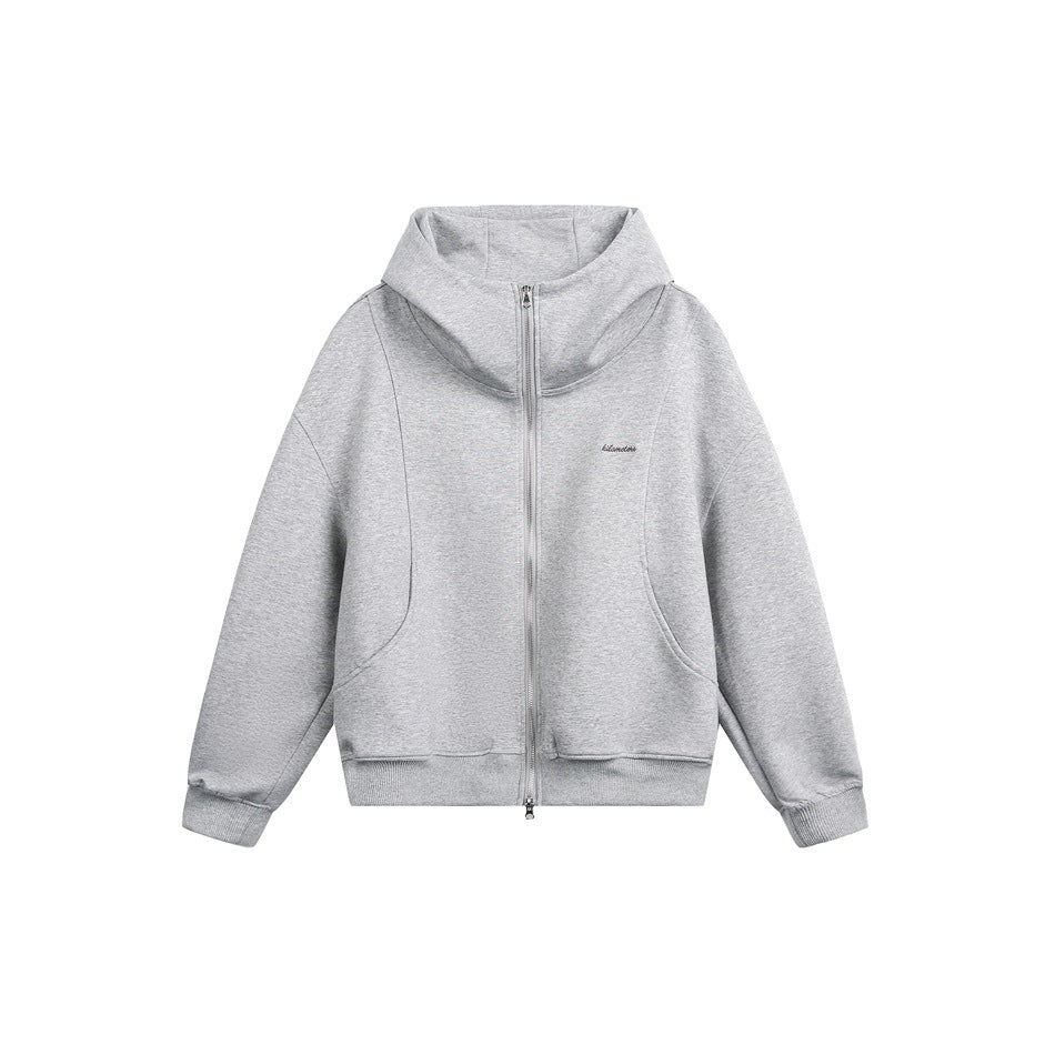 Light heather gray zip-up hoodie with high hood, double zipper and ribbed cuffs, flat front view