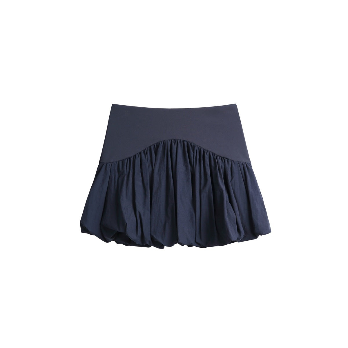 Black navy high-waist mini skort with a gathered puffed bubble hem, flat front view
