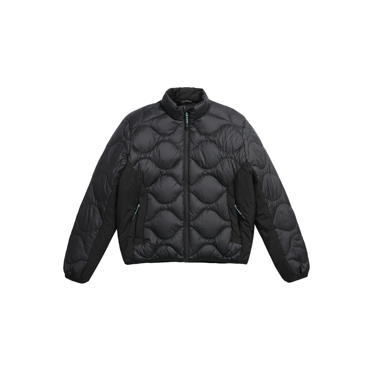 Black quilted stand-collar zip jacket with wavy channel quilting and black side panels, flat front view