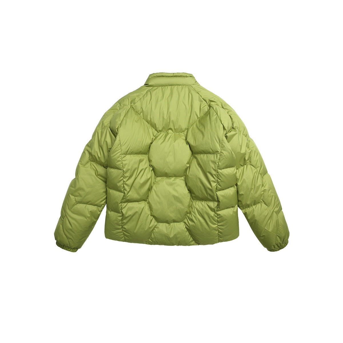 Back view of a light olive-green puffer jacket with a high collar, long sleeves, and bold geometric quilting.
