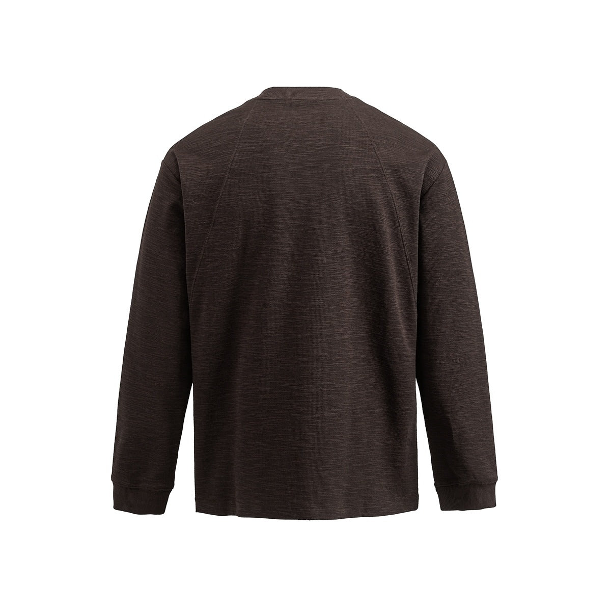 Back view of a plain dark brown long-sleeve crewneck sweatshirt.