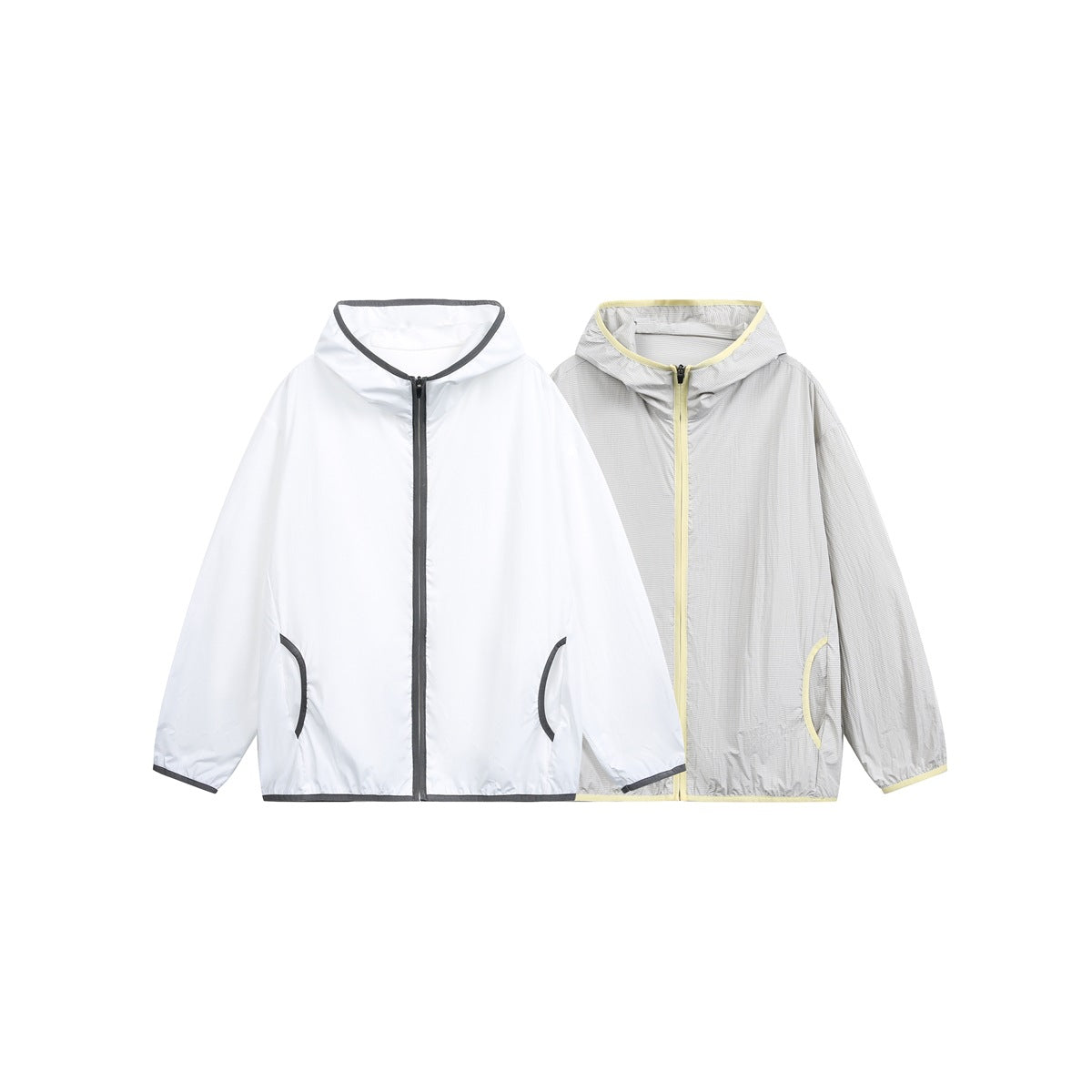 Two hooded zip-front jackets shown from the front: white with dark gray trim and light gray stripes with pale yellow trim.