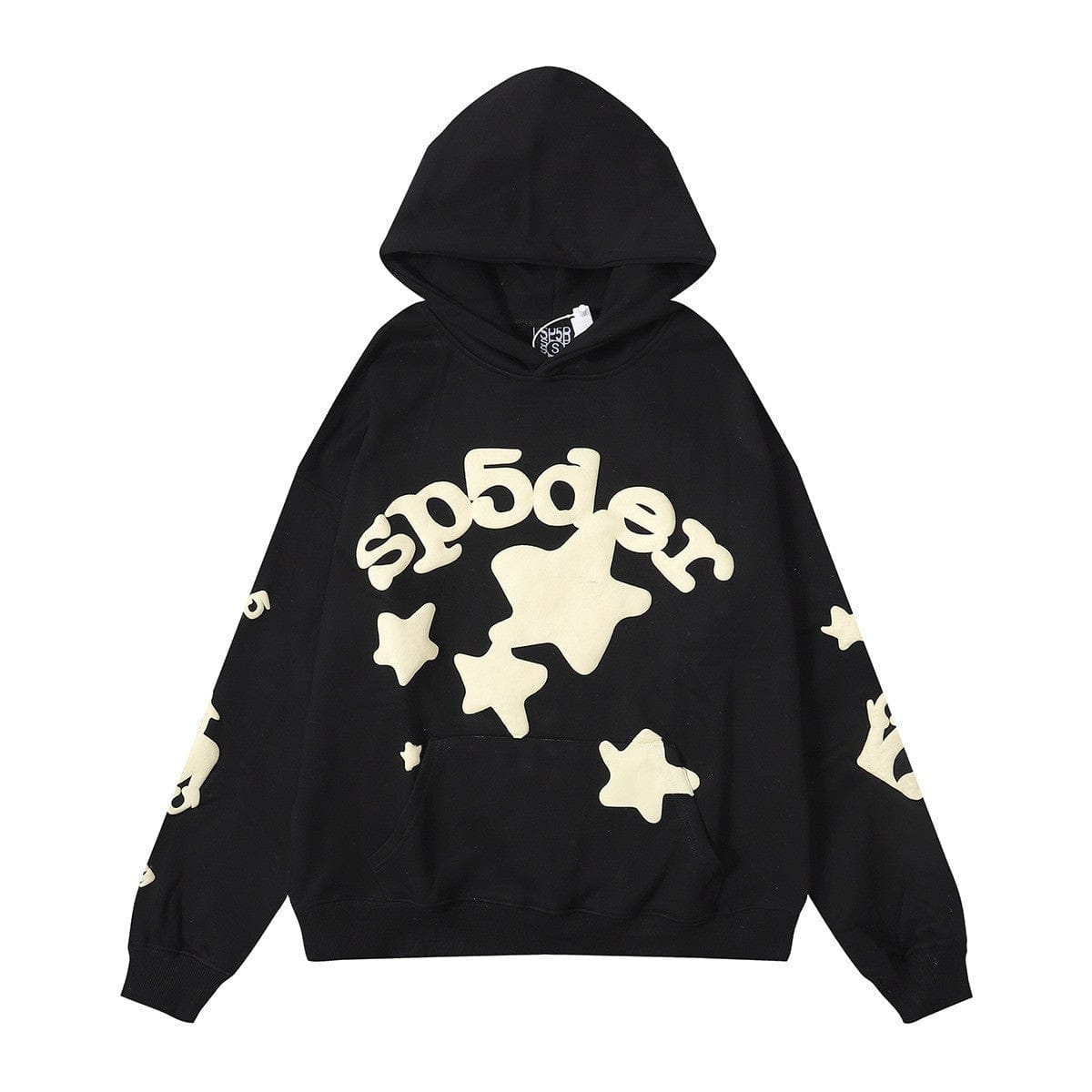 The Sp5der “Star Cluster” Hoodie – Black & Cream is an oversized streetwear pullover made from 440GSM heavyweight cotton fleece, featuring cream star designs and "sp5der" text on the front and sleeves for style and comfort.