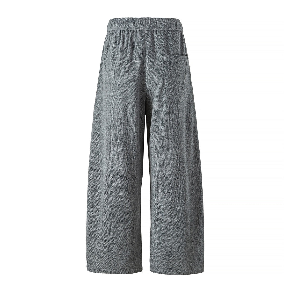 Back view of gray wide-leg pants with an elastic waistband and a single patch pocket.