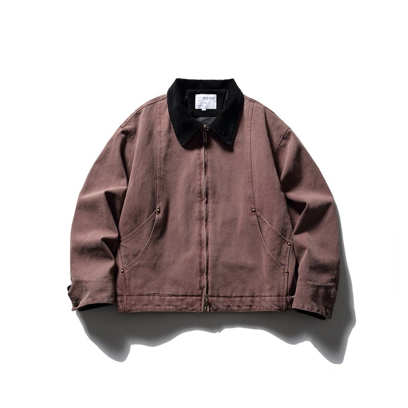 Washed midnight plum zip jacket with black collar, front view flat lay, curved rivet-accented pocket seams