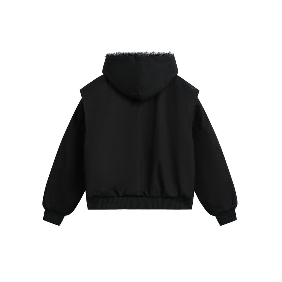 Back view of a black hooded jacket with long sleeves and ribbed cuffs and hem.