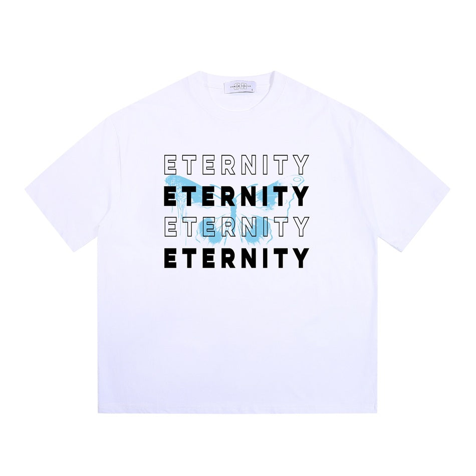 White short-sleeve T-shirt with stacked black ETERNITY lettering and a light blue butterfly graphic on the chest