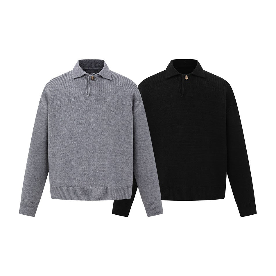 Gray and black long-sleeve knit sweaters shown from the front, each with a polo collar and button.