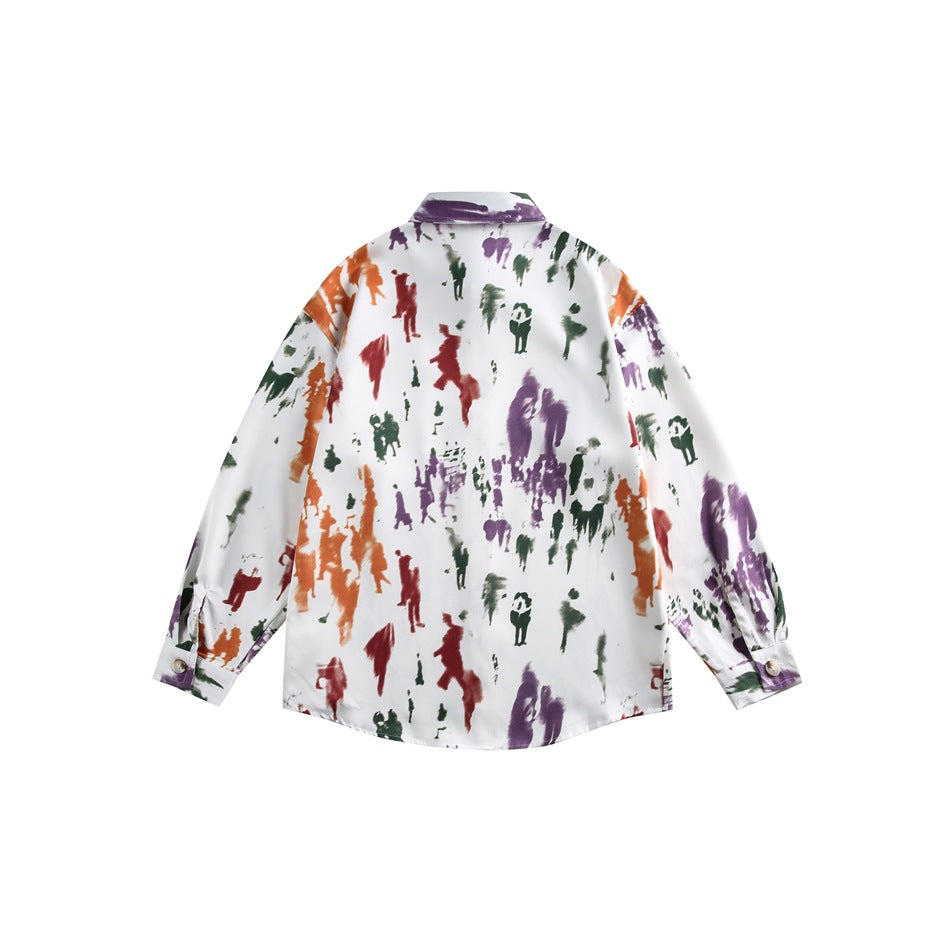Back view of a white long-sleeve button-up shirt with a multicolor blurred-figure print.