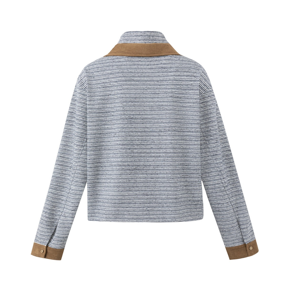 Back view of a gray and navy striped long-sleeve top with a tan collar and matching button cuffs.
