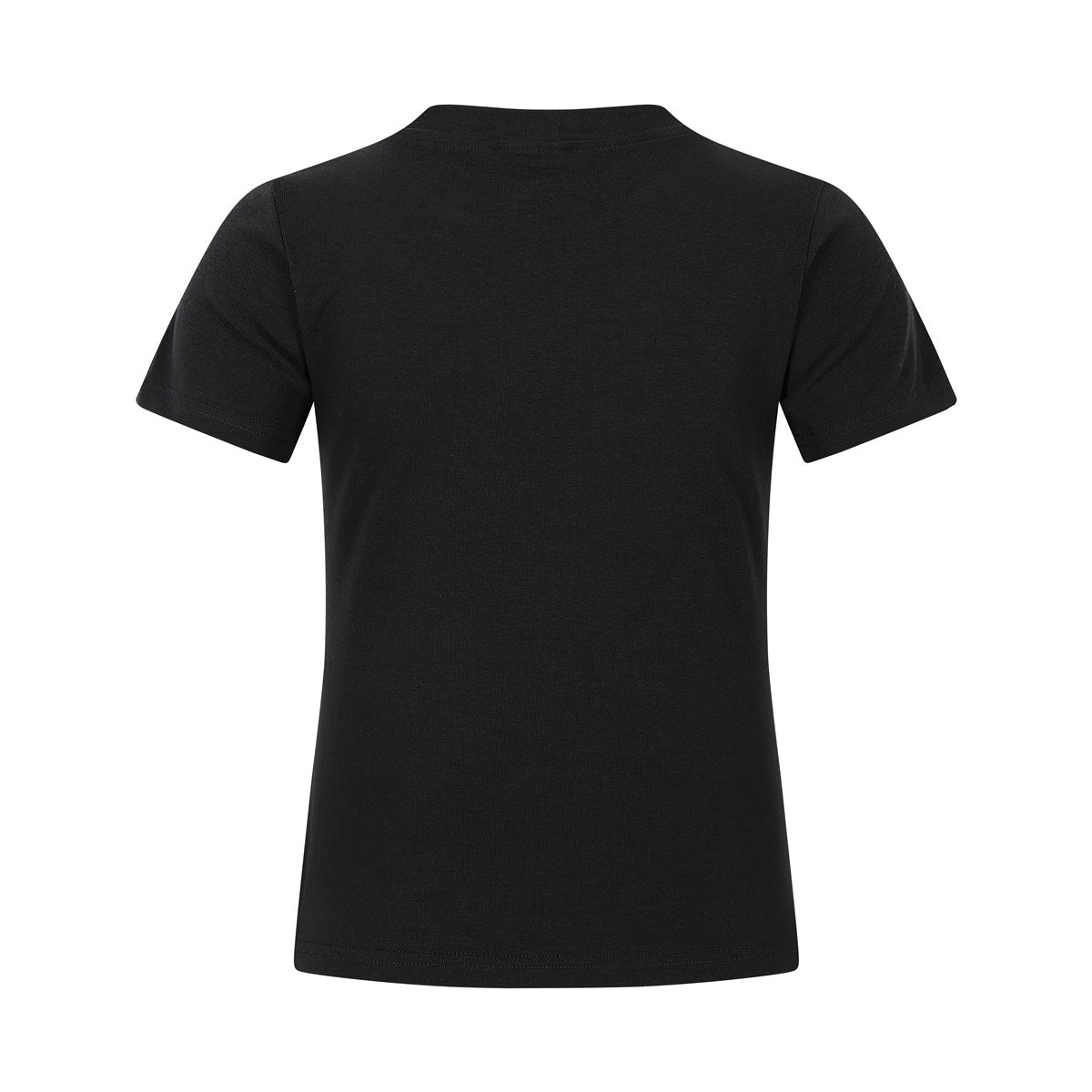 Plain black short-sleeve crew-neck T-shirt shown from the back against a white background.