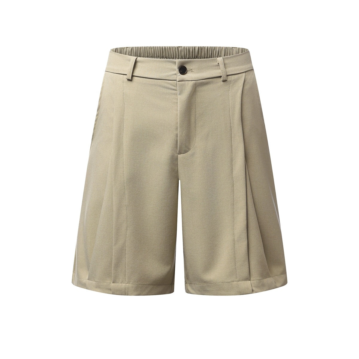 Beige pleated knee-length shorts, front view, with button fly, belt loops and elastic back waistband