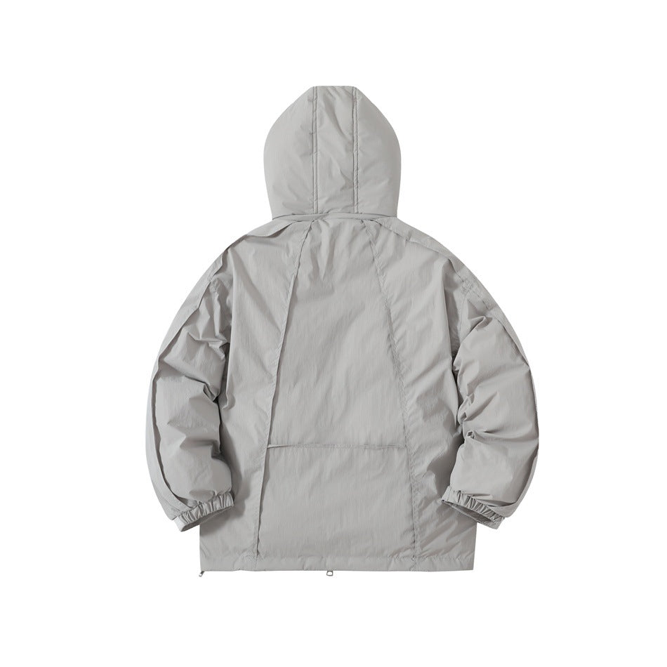 Back view of a light gray hooded jacket with panel seams and elastic cuffs.