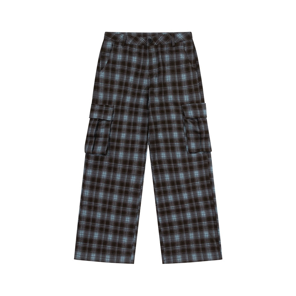 Blue and brown plaid wide-leg cargo pants with large side flap pockets, flat lay front view