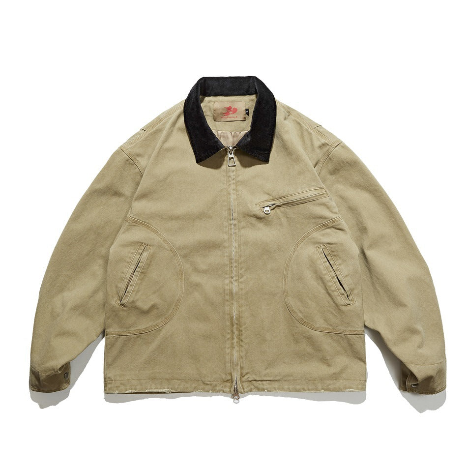 Khaki washed zip-front jacket with black corduroy-style collar, chest zip pocket and curved side pockets