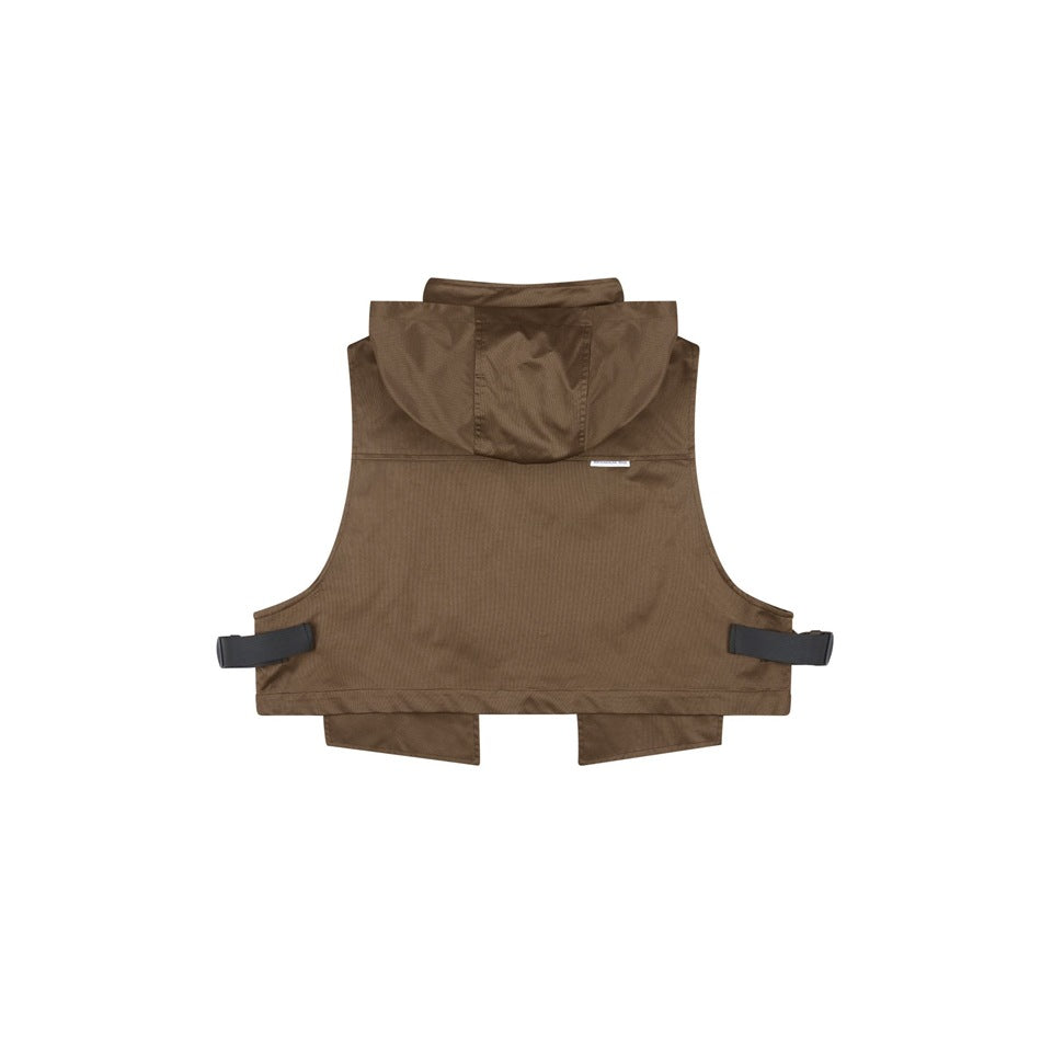 Back view of a brown sleeveless hooded vest with adjustable side straps.