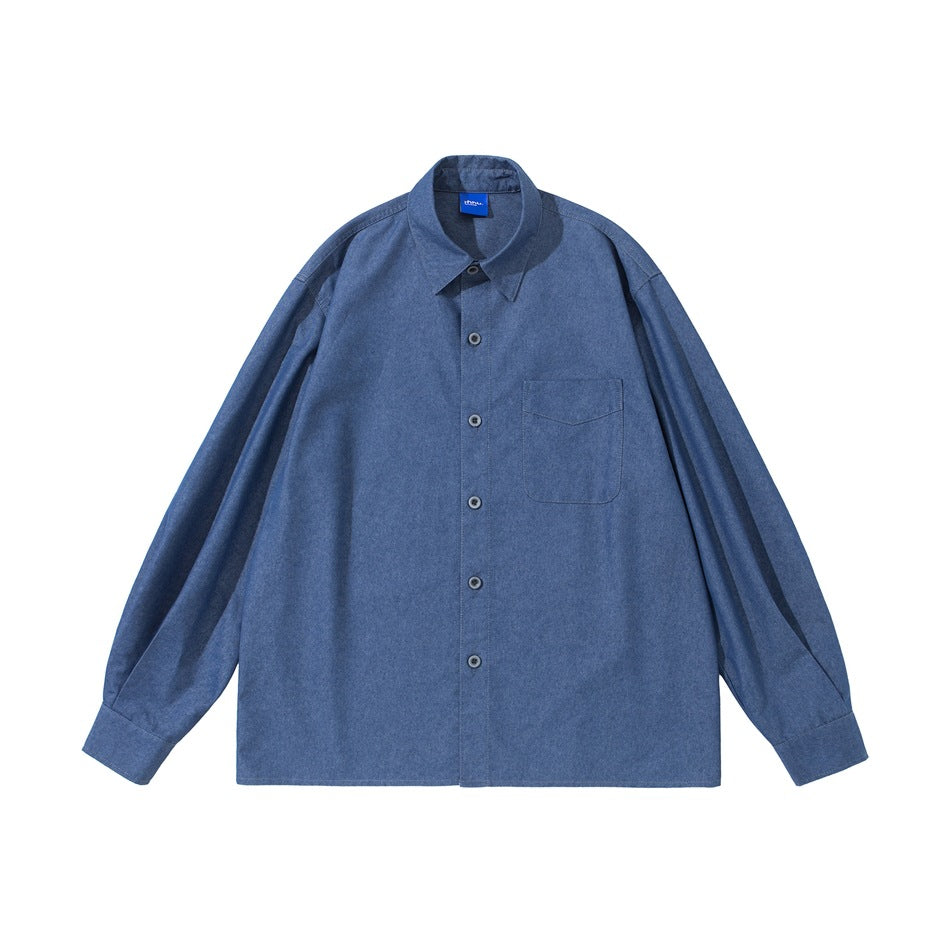 Blue denim-look long-sleeve button-up shirt with chest pocket and collar tag, flat lay front view