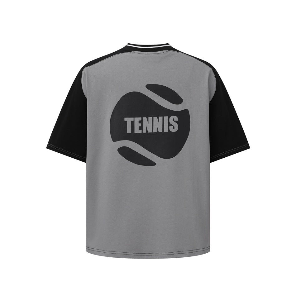Back of gray T-shirt with black raglan sleeves and a large black tennis ball graphic with TENNIS lettering