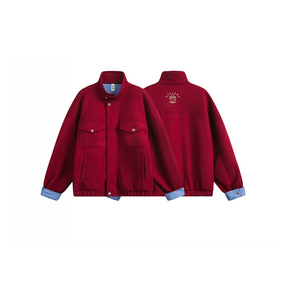 Burgundy jacket shown from front and back, with flap pockets, blue checked cuffs, and small back embroidery.