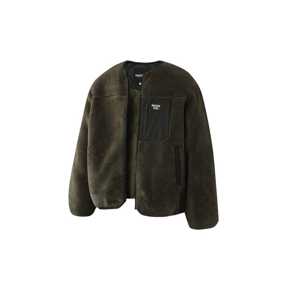 Dark olive fleece jacket with a black chest pocket and trim, shown from the front against white.