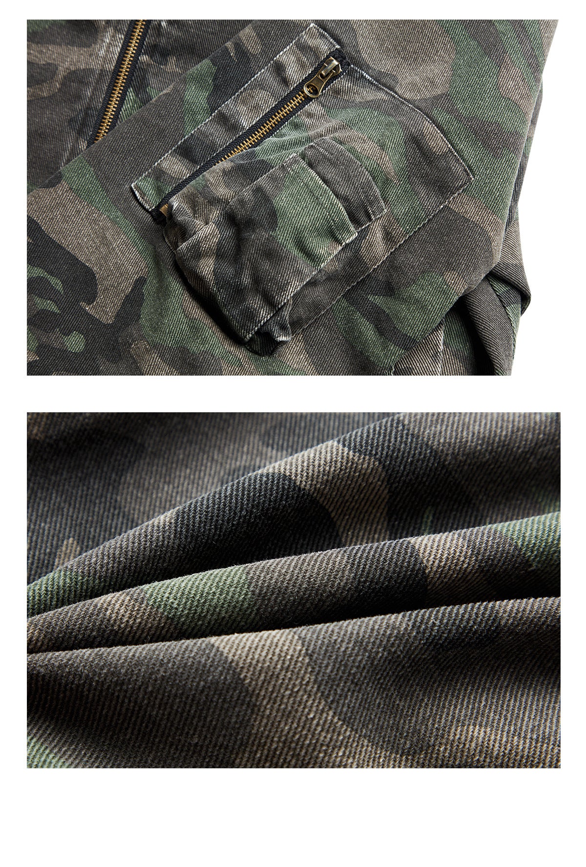 Close-ups of a camouflage jacket’s zippered pocket and textured fabric.