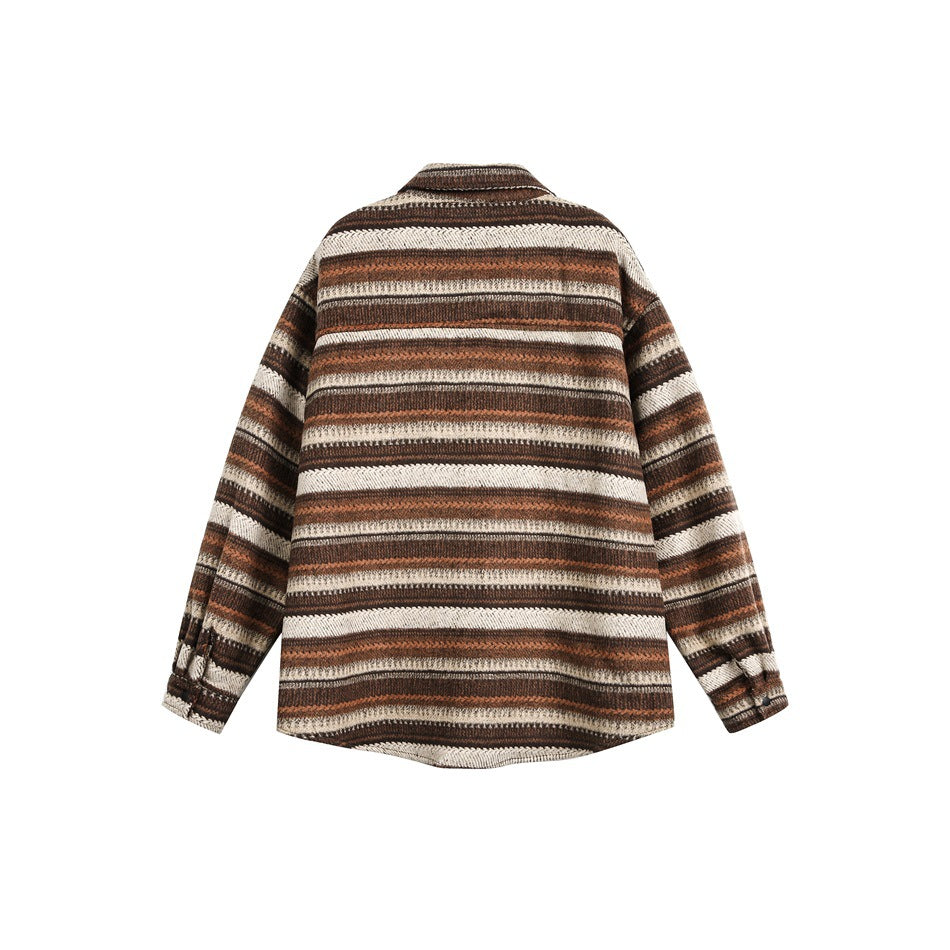 Back view of a long-sleeve overshirt with horizontal brown, cream, and rust stripes on a white background.