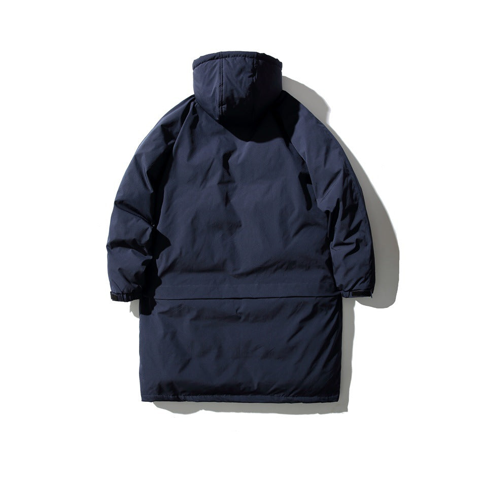 Back view of a long dark navy hooded coat with long sleeves and a plain back.