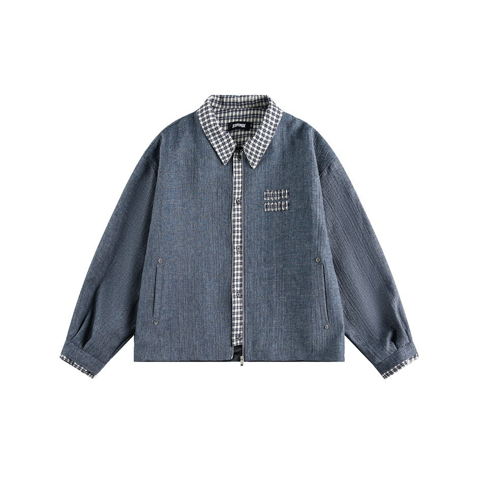 Gray-blue textured zip jacket with black and white plaid collar, placket and cuffs, flat front view