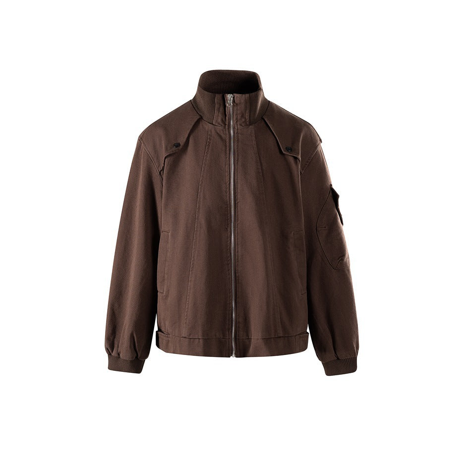 Reddish brown zip-front jacket with ribbed stand collar, shoulder snap straps and sleeve pocket, front view