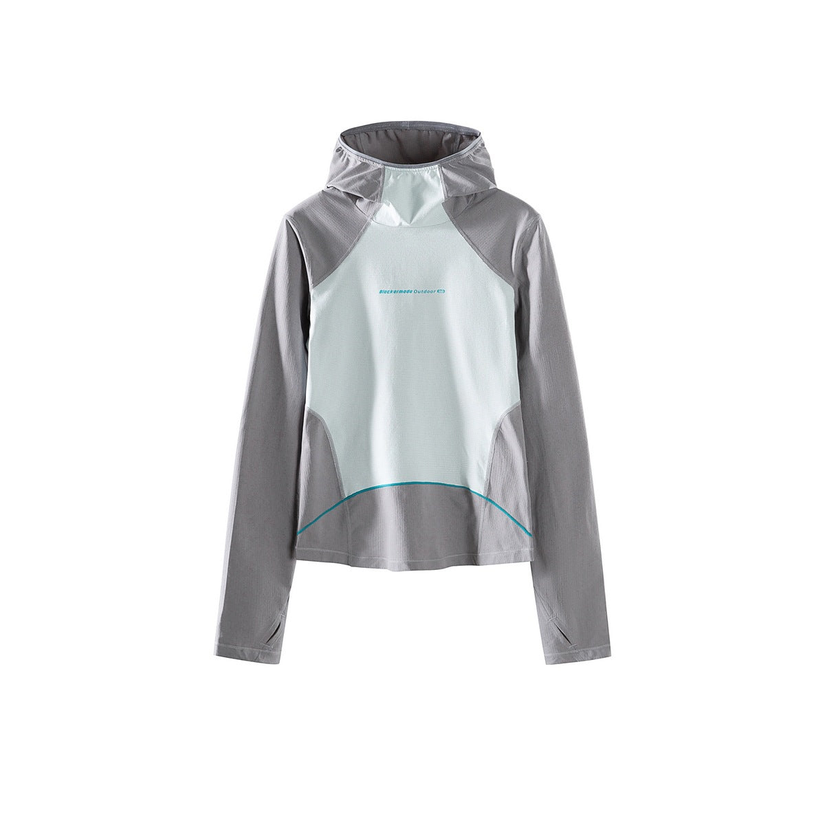 Gray and pale mint color-block hooded long-sleeve top, flat front view with thumbholes