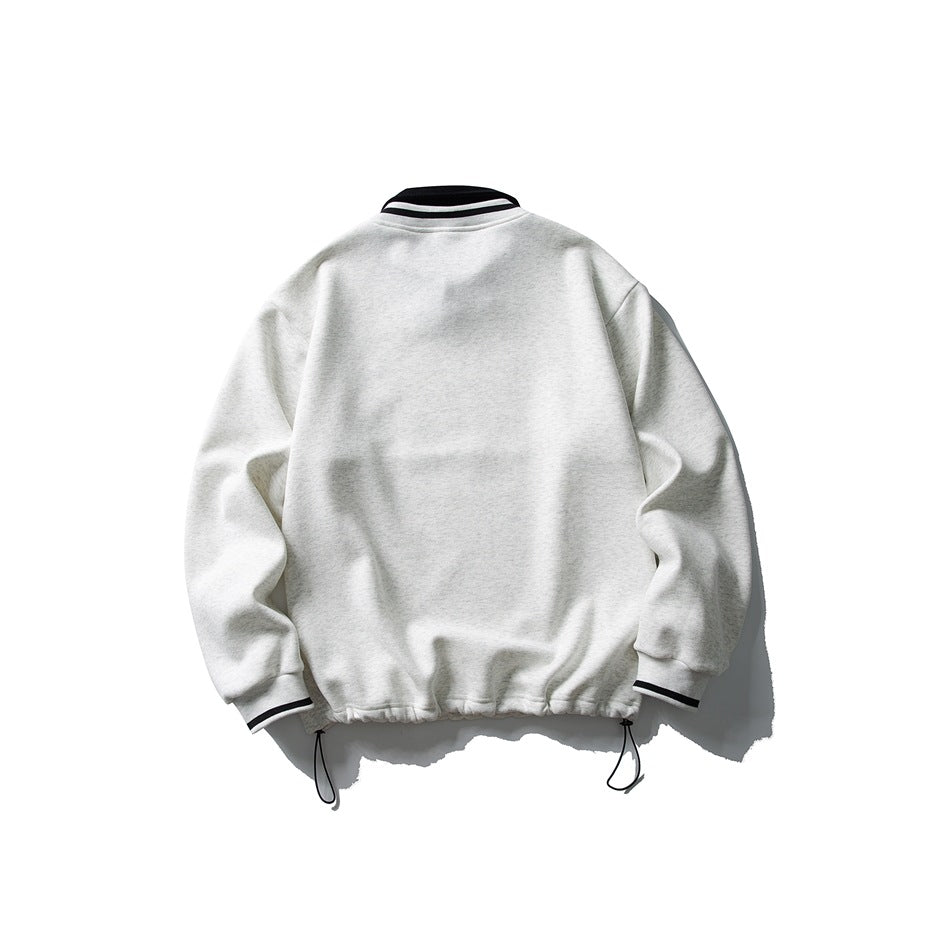 Back view of a light gray sweatshirt with black-striped cuffs, a striped collar detail, and adjustable hem drawcords.