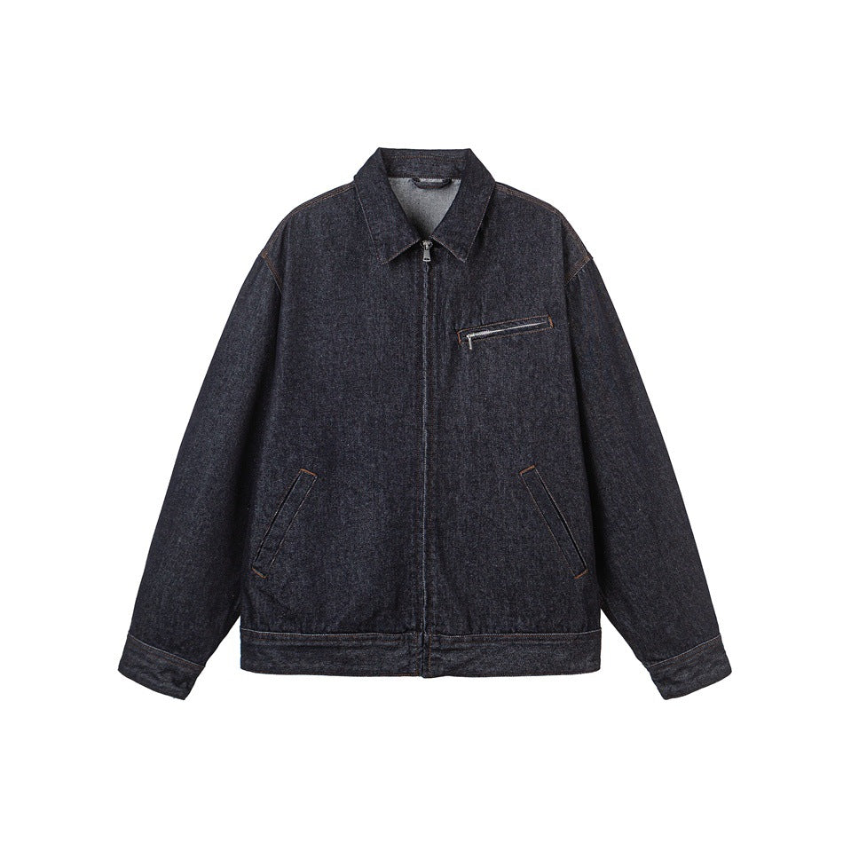 Dark indigo denim zip-up jacket flat front view with collar, chest zip pocket and slanted hand pockets
