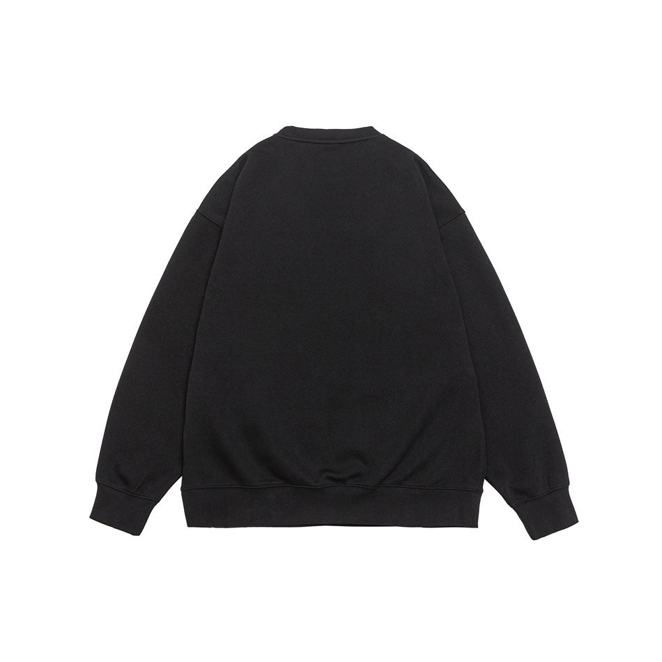 Back view of a black crewneck sweatshirt with ribbed cuffs and hem on a white background.