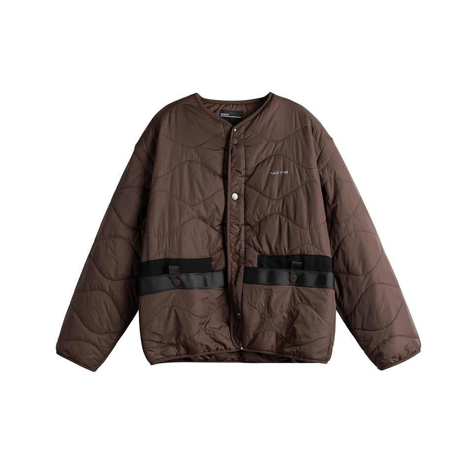 Coffee brown quilted collarless jacket, front view, snap-button closure and black waist pocket straps