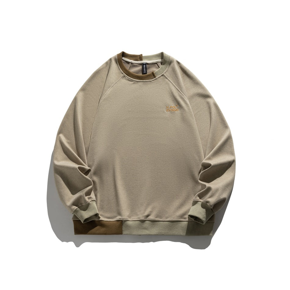 Khaki crewneck raglan sweatshirt flat lay with olive and brown contrast ribbed collar, cuffs and hem