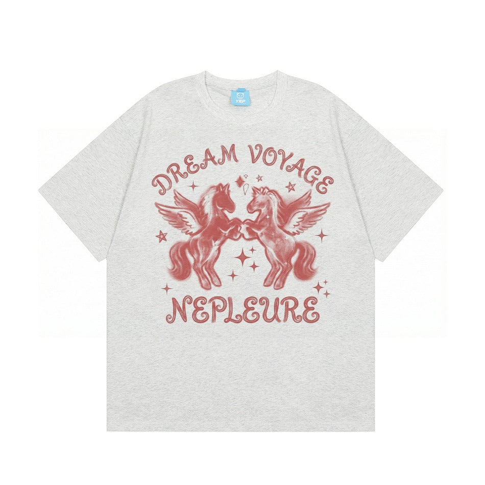 Heather gray short-sleeve crew-neck T-shirt with red-pink winged horses graphic and Dream Voyage lettering, flat front view