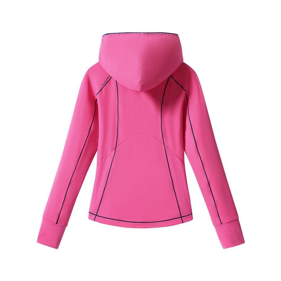 Back view of a bright pink hooded jacket with dark contrasting seam piping and long sleeves.