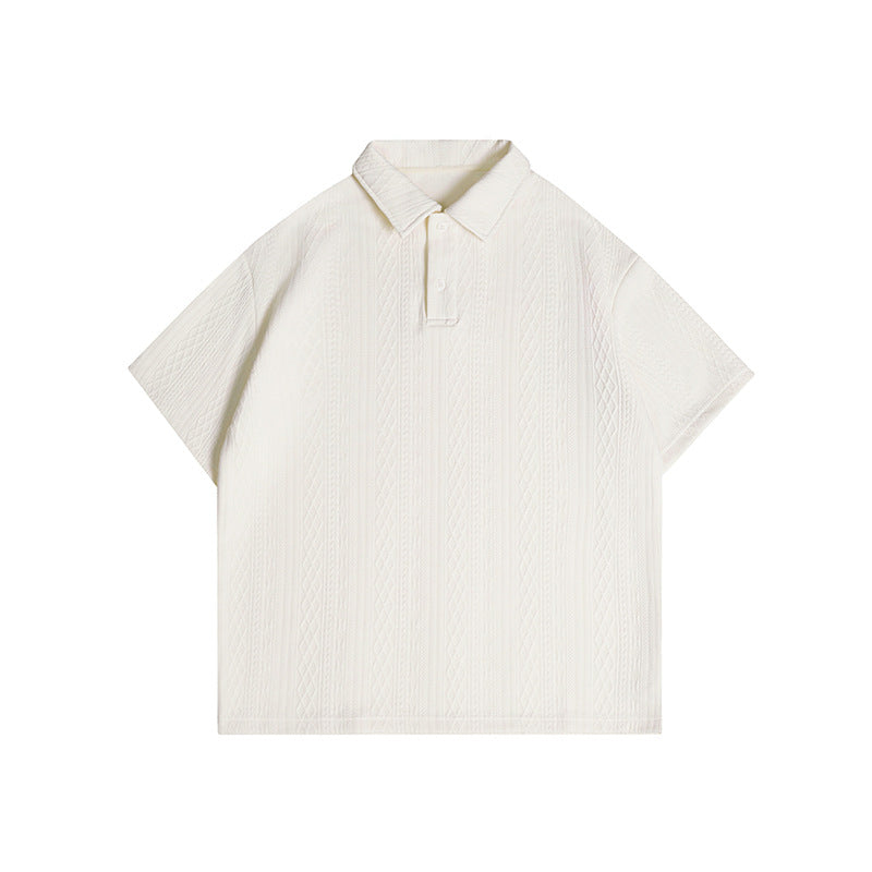 Off-white short-sleeve polo shirt with textured cable and diamond jacquard pattern, flat front view