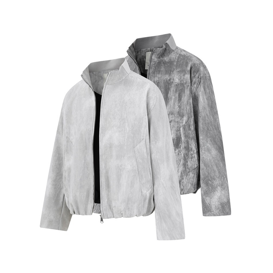 Two zip-front jackets with stand collars and slanted pockets, shown in light gray and dark gray mottled colorways.