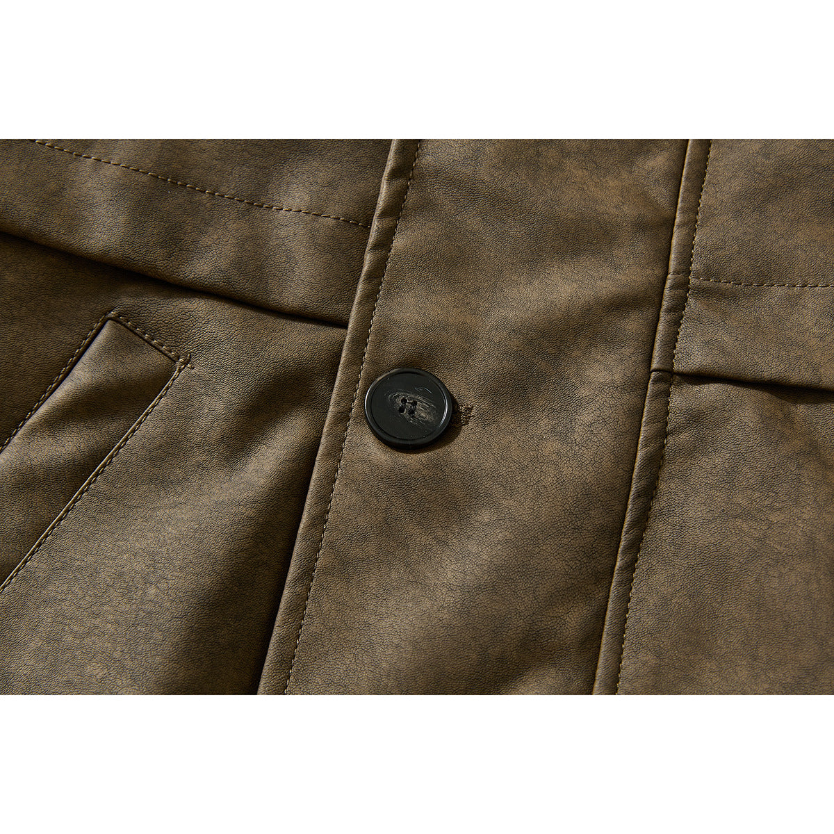 Close-up of the brown jacket's front button, stitched placket, and angled pocket opening.