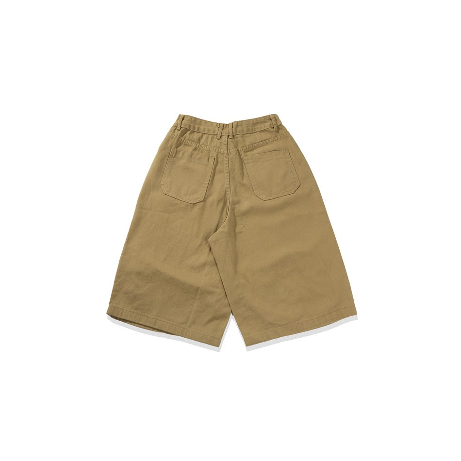 Khaki wide-leg shorts seen from the back with two patch back pockets and belt loops, flat lay